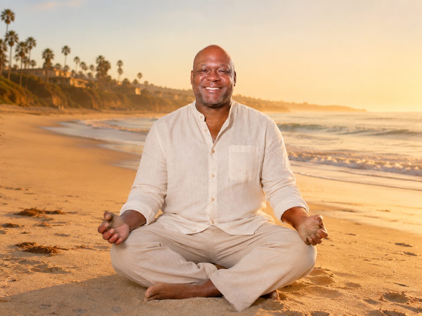Asa McCall meditating on the beach at sunset