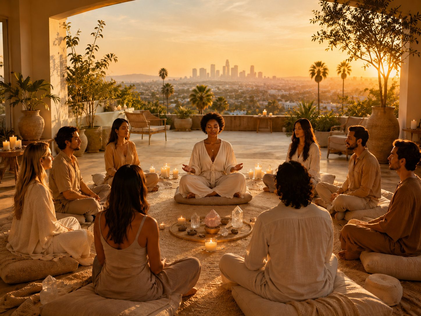 Community Reiki circle at sunset on a Los Angeles rooftop