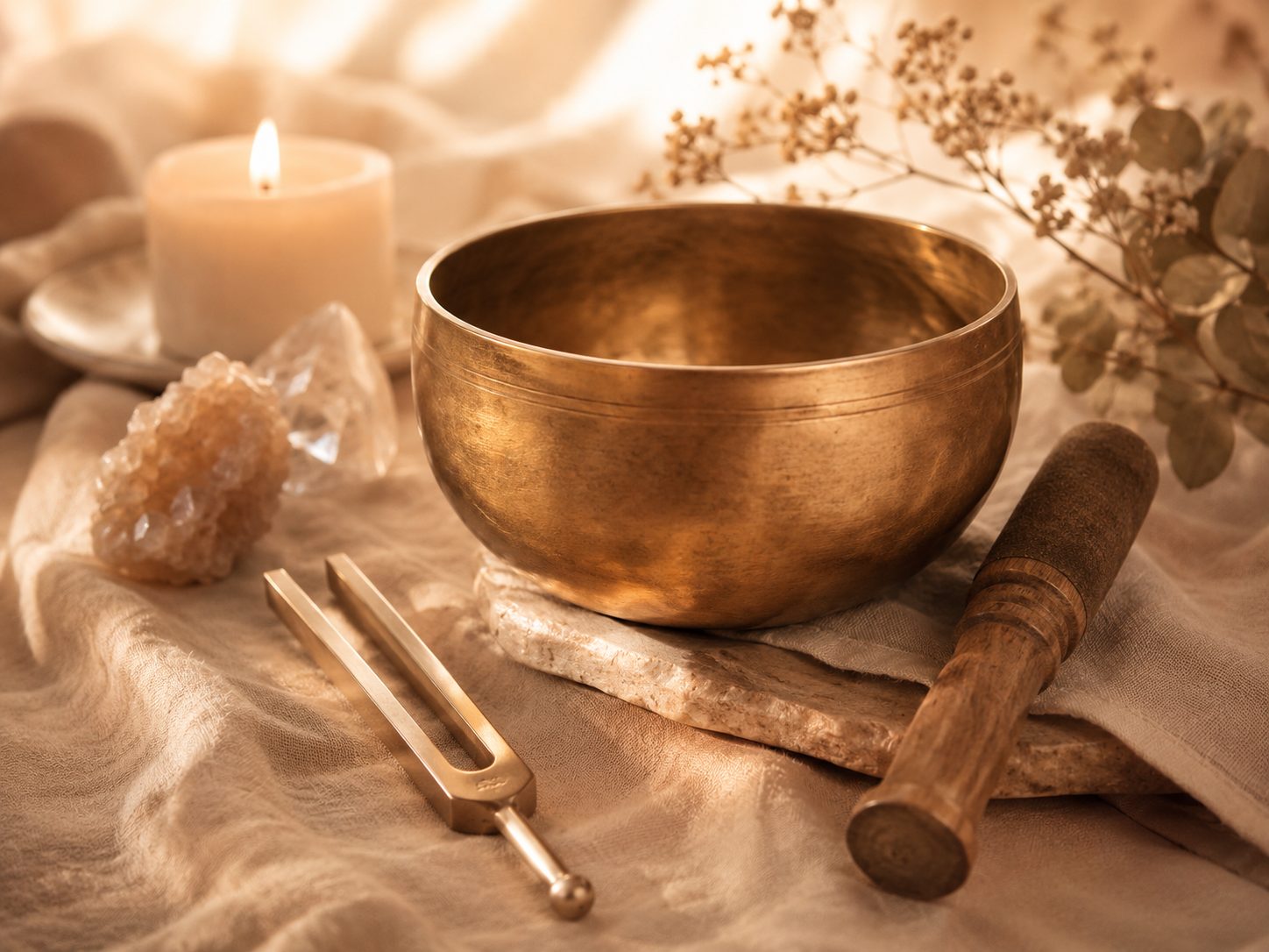 Singing bowl with crystals and candlelight
