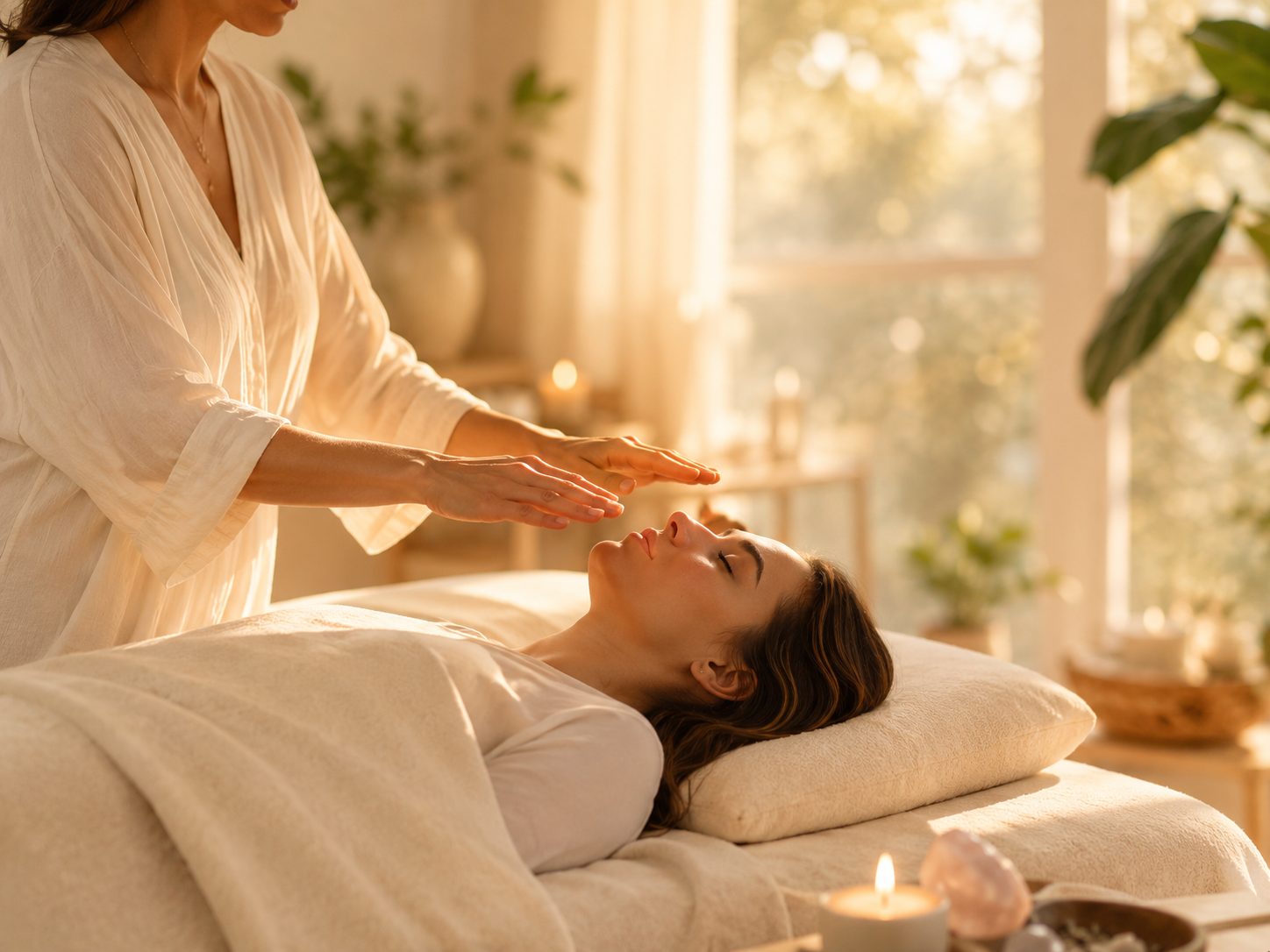Hands-on Reiki session in a sunlit studio