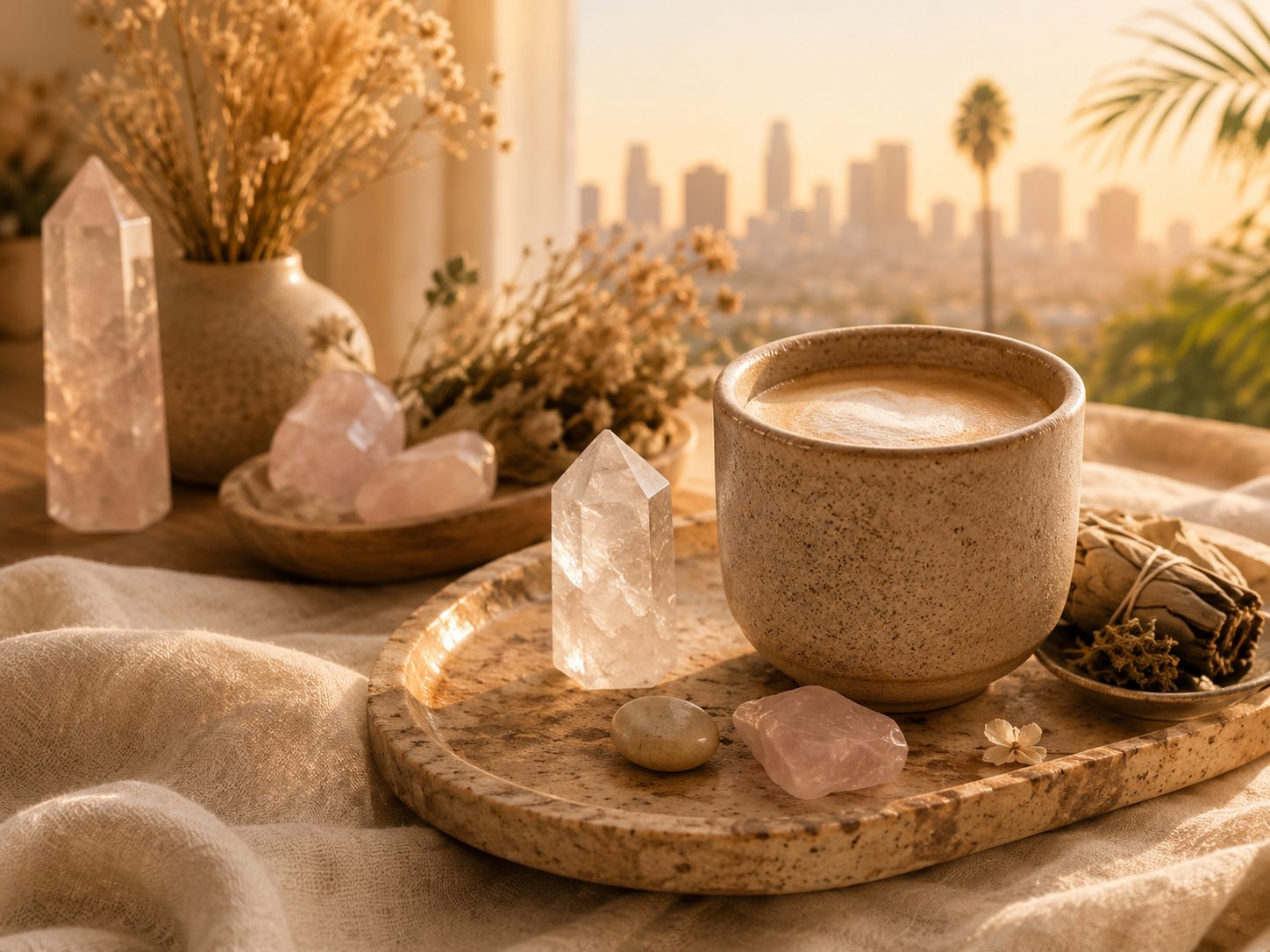 Crystals and coffee overlooking the LA skyline