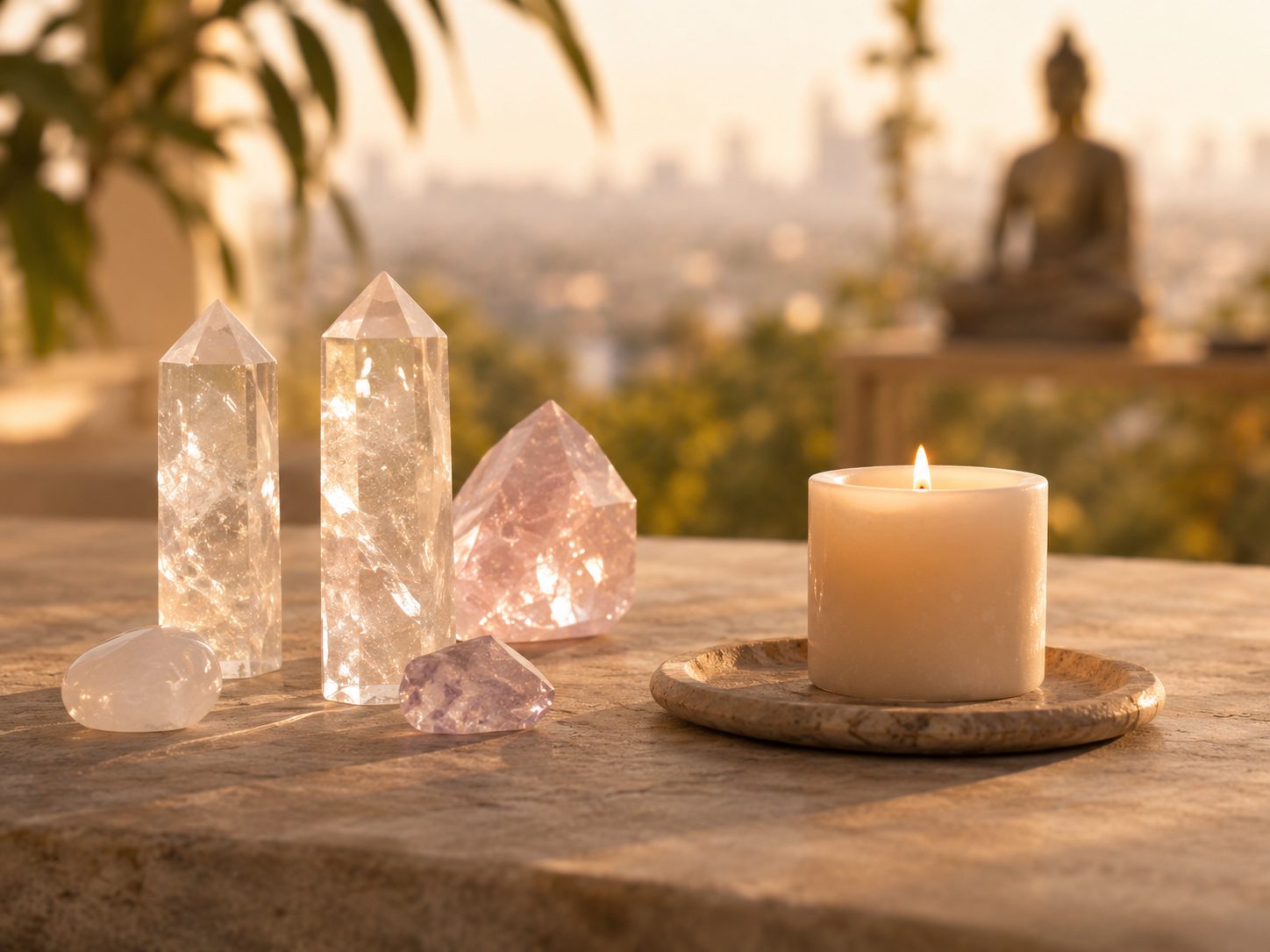 Crystals and candlelight at golden hour